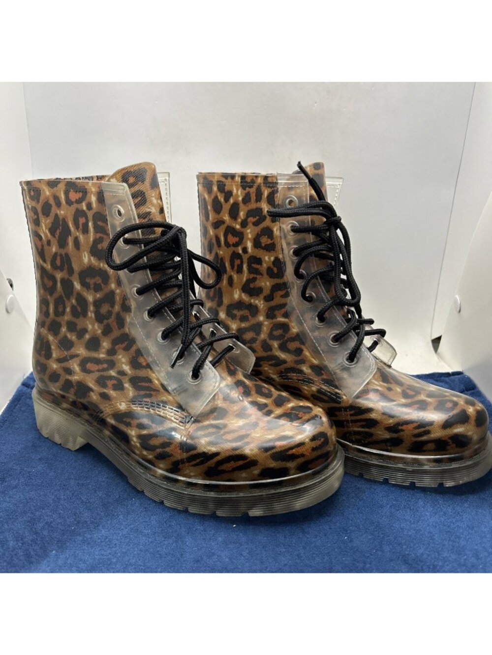 Madden Girl Portland Lace Up Rubber Rain Combat Boots Leopard Women's Size 7